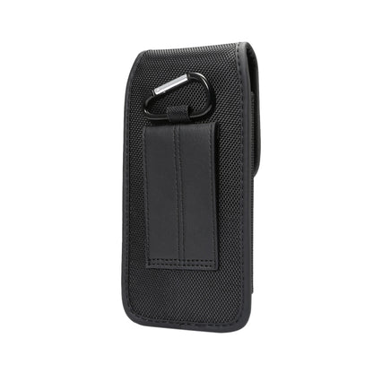 Black phone waist bag front view with carabiner-style clip and card slot pocket