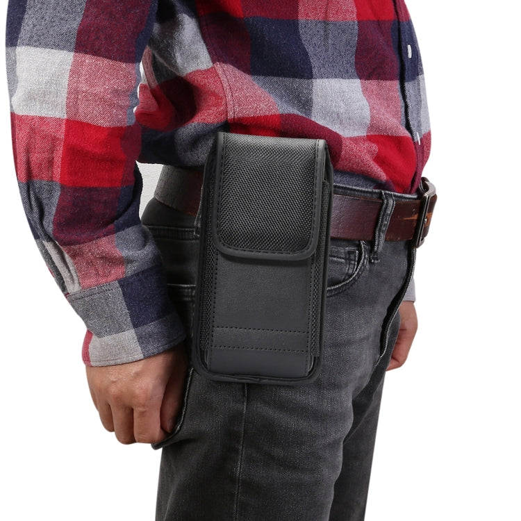 Black nylon phone waist bag with front pocket and card slot, worn at the waist