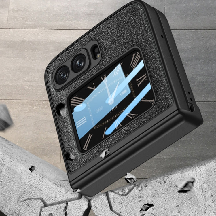 Magnetic folding phone case for Motorola Razr 2022, black leather-texture side view