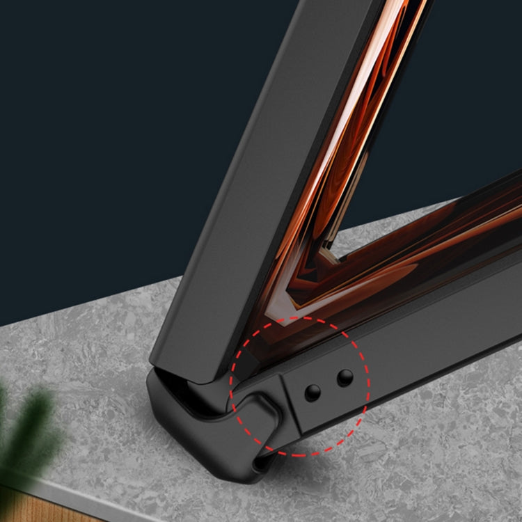Magnetic folding phone case with kickstand tab, black leather-texture edge detail