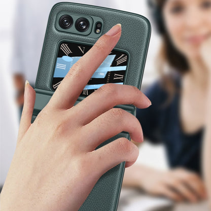 Magnetic folding phone case with hand access, dark green leather-texture rear view