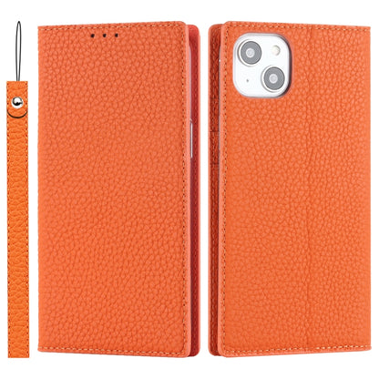 Orange litchi-texture genuine leather phone case, side strap, camera cutout