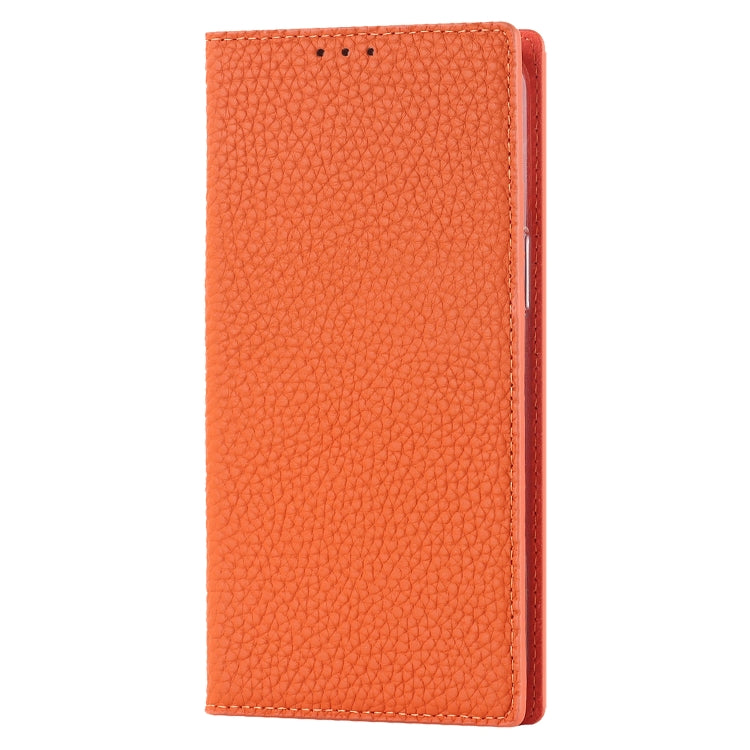 Orange litchi-texture genuine leather phone case, smooth back, stitched edges
