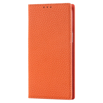 Orange litchi-texture genuine leather phone case, smooth back, stitched edges