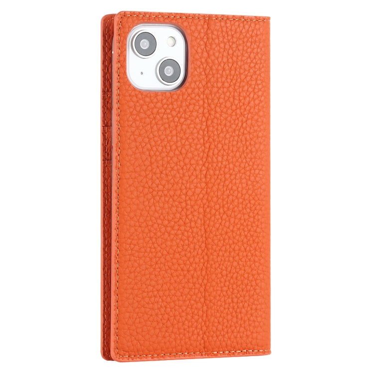 Orange litchi-texture genuine leather phone case with raised camera cutout