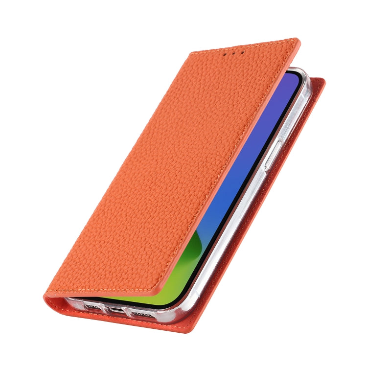 Orange litchi-texture leather phone case with folio cover, side buttons exposed