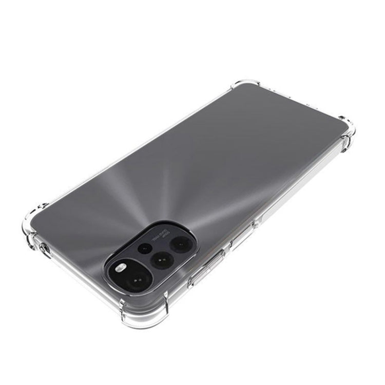 Clear TPU phone case with thick bumper corners and raised camera protection, angled view