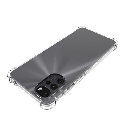 Clear TPU phone case with thick bumper corners and raised camera protection, angled view