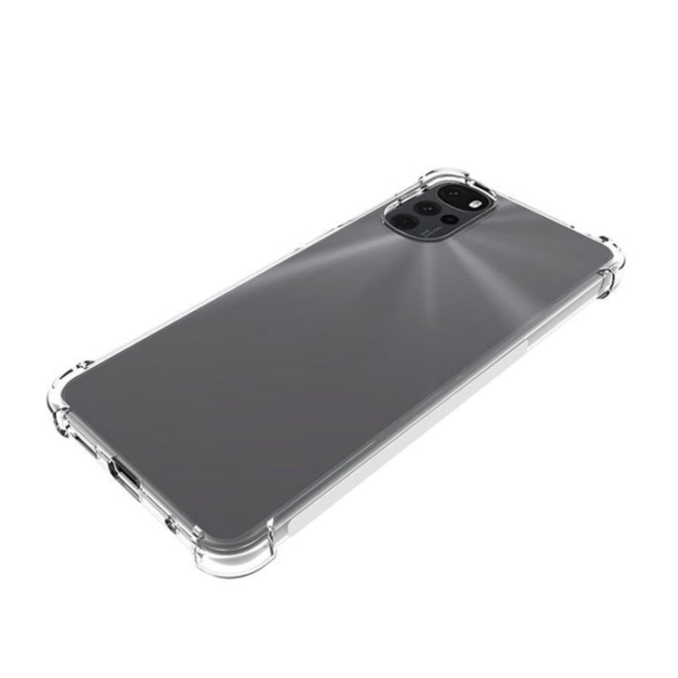 Clear TPU phone case with camera cutouts and corner guards, top view of back