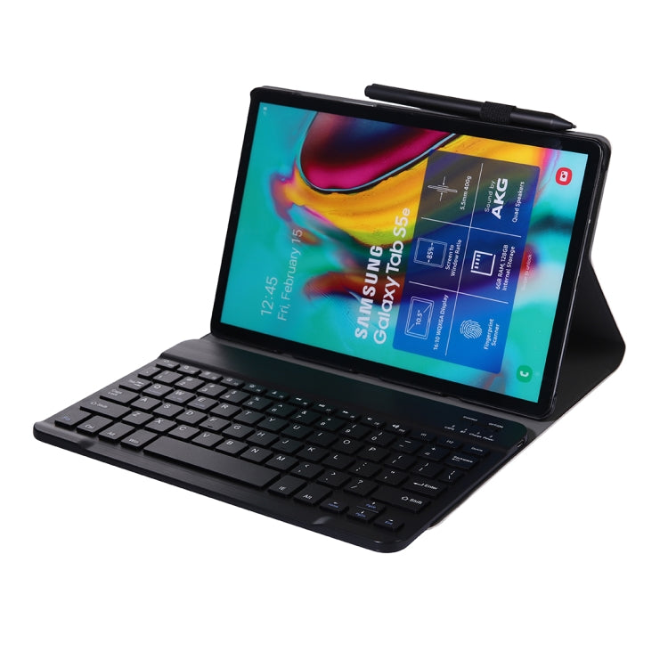 Black Bluetooth keyboard protective case holding a tablet with display and stand