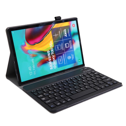 Black Bluetooth keyboard case with stand, tablet screen on and keyboard open