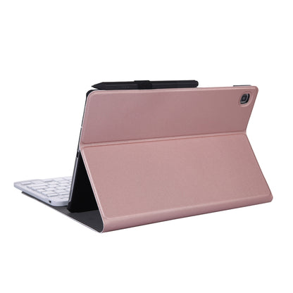 Gold tablet protective case with Bluetooth keyboard and stand, tablet angled open
