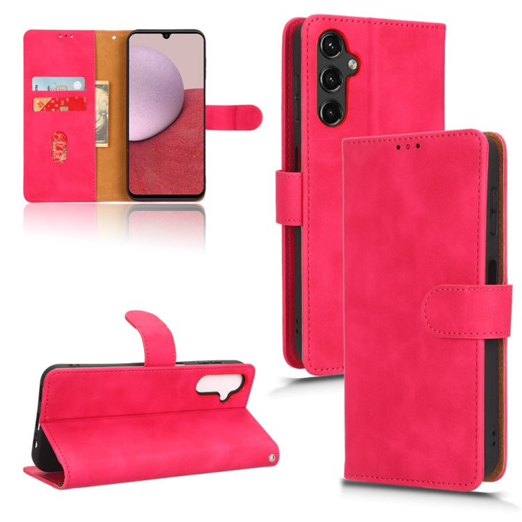Rose red leather-style magnetic flip phone case with wallet flap, card slots, and camera cutout