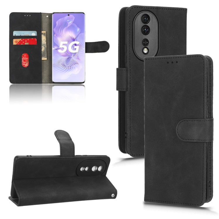 Black leather flip phone case front and back views, with side strap and inner flap