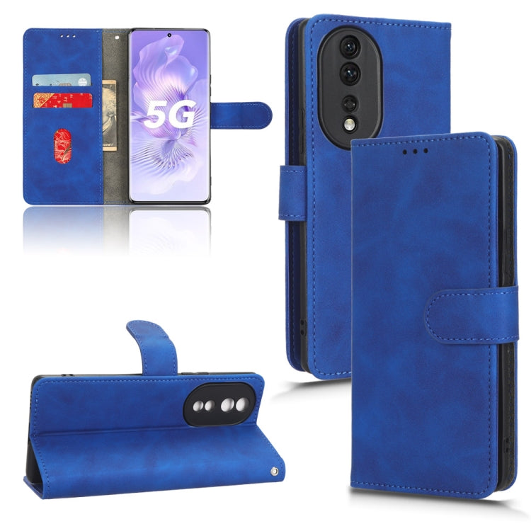 Blue leather-style wallet flip phone case with front cover and card slots, camera cutouts