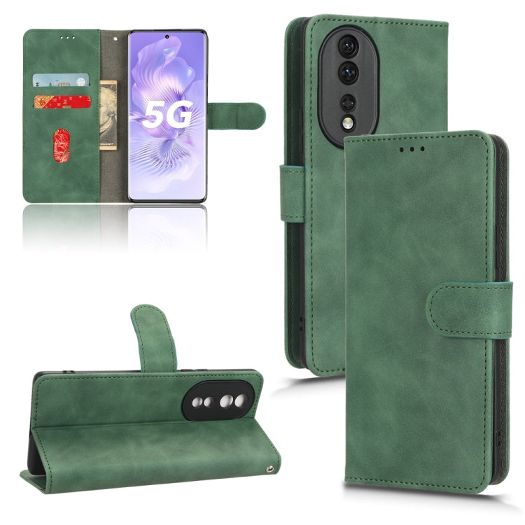 Green leather-style magnetic flip phone case with front cover, card holder, and camera cutout