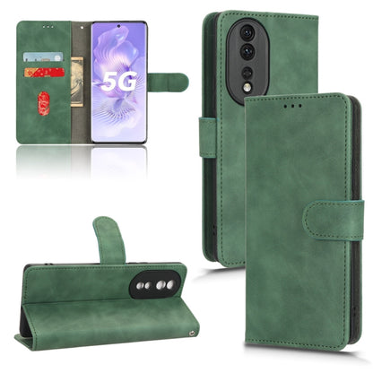Green leather-style magnetic flip phone case with front cover, card holder, and camera cutout