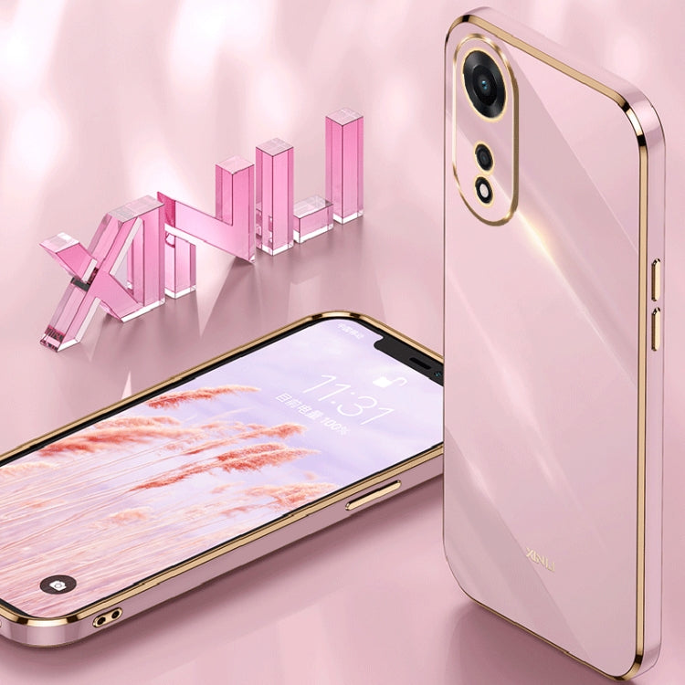 Pink TPU phone case with gold electroplated frame, raised dual camera bezel