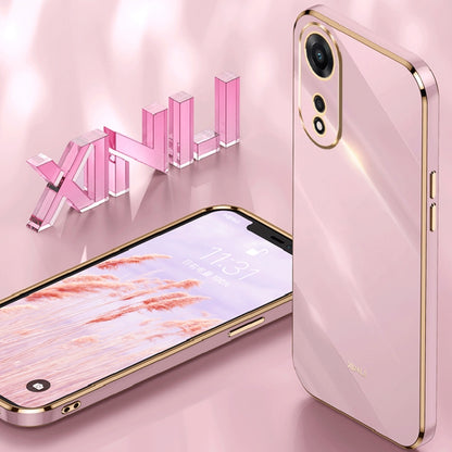 Pink TPU phone case with gold electroplated frame, raised dual camera bezel