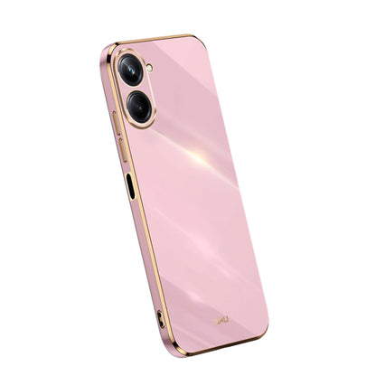 Electroplate TPU phone case in pink with gold trim; dual camera cutouts.