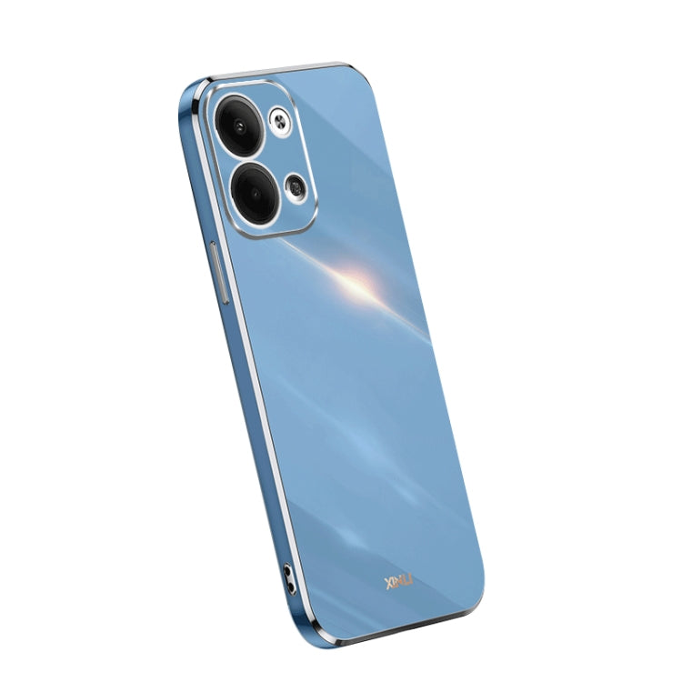 Electroplate TPU phone case with straight edges, light blue color, dual camera cutouts
