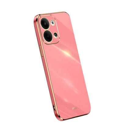Electroplate TPU phone case with straight edges, bright coral-pink color, dual camera cutouts
