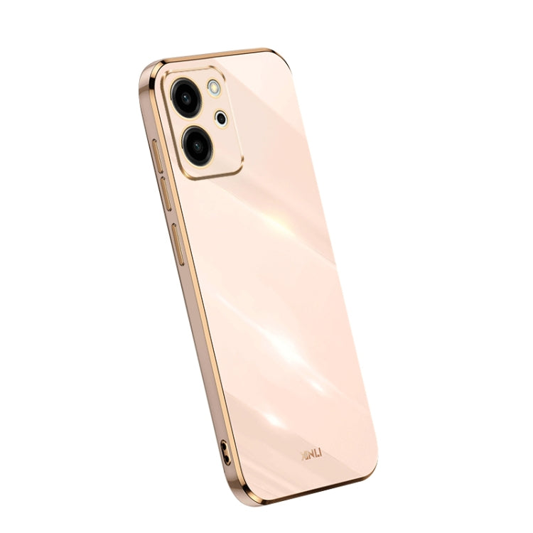 Glossy TPU phone case with electroplated edge, creamy peach, dual camera cutouts
