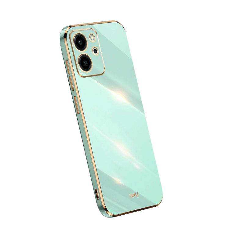 Glossy TPU phone case with electroplated edge, seafoam teal, dual camera cutouts