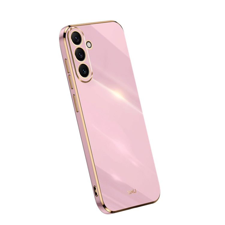 Electroplate TPU phone case with straight edges, pink color, dual camera cutouts