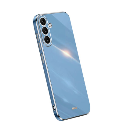 Light blue TPU phone case with electroplated straight edges and camera cutouts