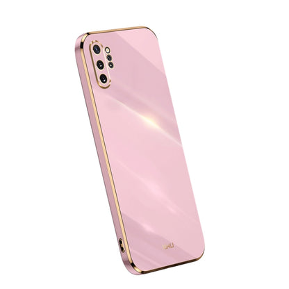 Electroplate TPU phone case with straight edges, pale pink color, quad camera cutouts