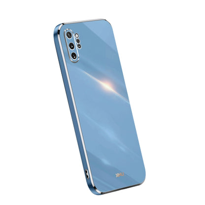 Light blue TPU phone case with electroplated straight edges and camera cutouts