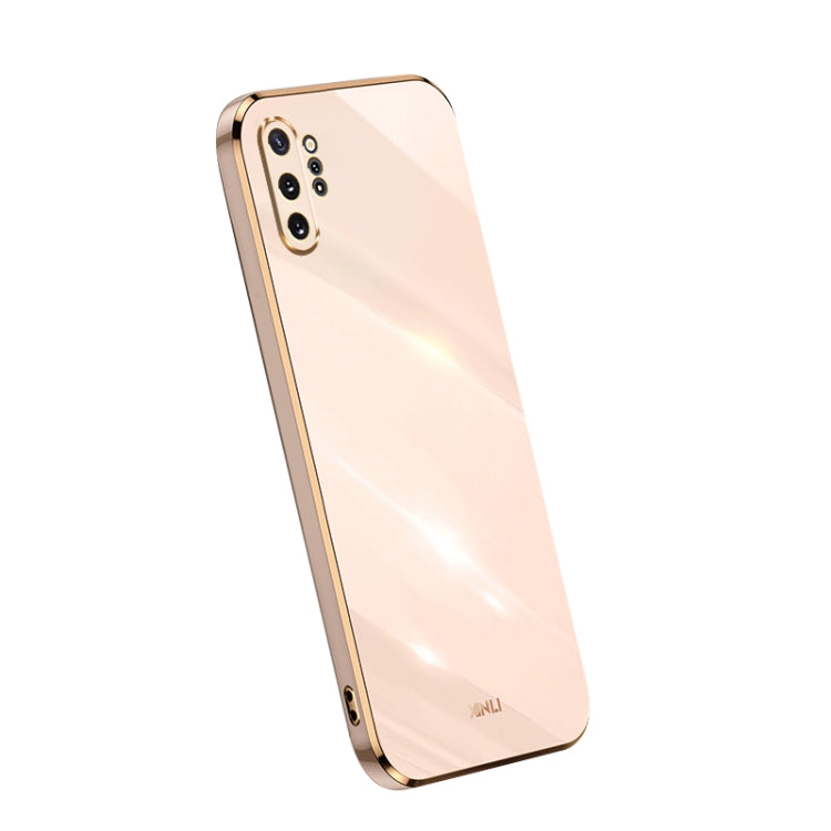 Glossy TPU phone case with electroplated edge, pale peach-pink, dual camera cutouts