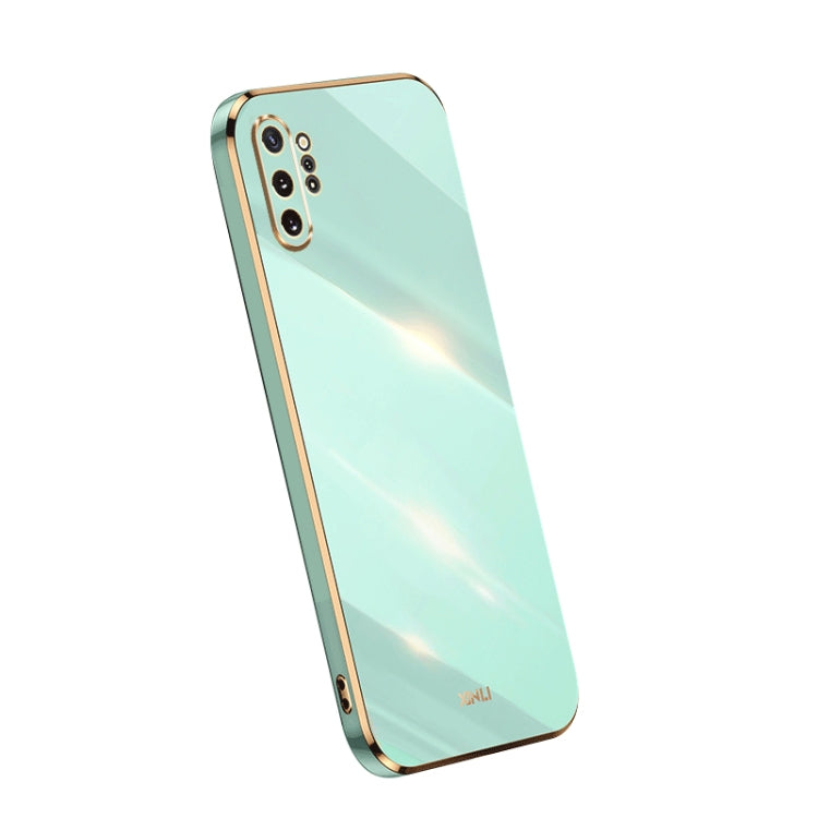 Glossy TPU phone case with electroplated edge, mint teal, dual camera cutouts