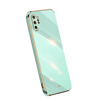 Glossy TPU phone case with electroplated edge, mint teal, dual camera cutouts