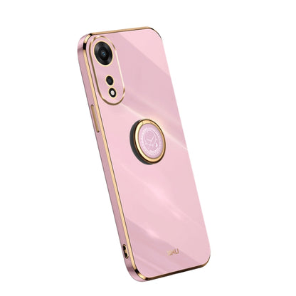 Pink TPU phone case with electroplate edges and built-in ring grip