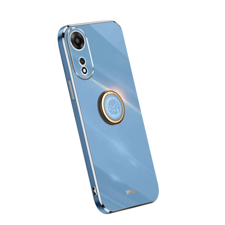 Blue TPU phone case with electroplate edges and built-in ring grip