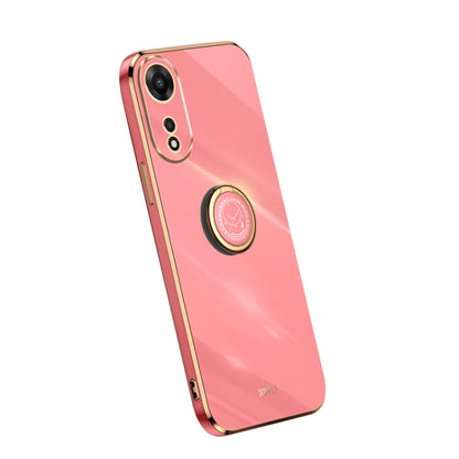 Coral red TPU phone case with electroplate edges and built-in ring grip