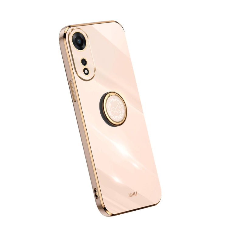 Light pink TPU phone case with electroplate edges and built-in ring grip