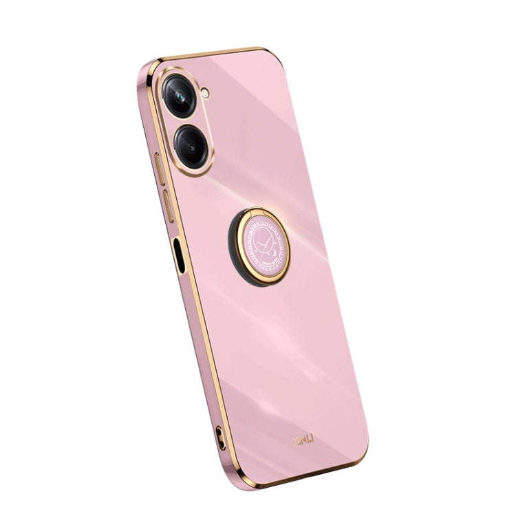 Rose pink TPU phone case with electroplate edges and built-in ring grip