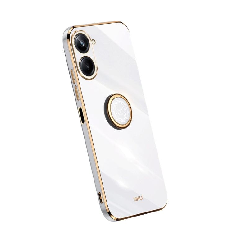 Straight edge electroplate TPU phone case with ring support, white finish