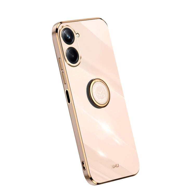 Straight edge electroplate TPU phone case with ring support, light peach finish