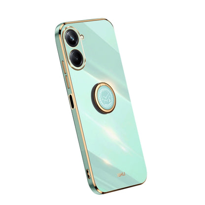 Straight edge electroplate TPU phone case with ring support, mint green finish