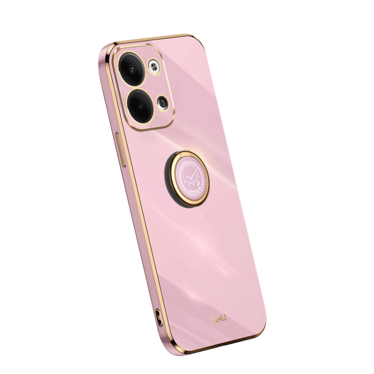 Straight edge electroplate TPU phone case with ring support, pink finish