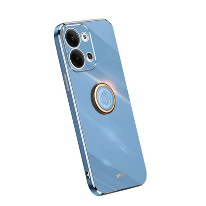 Straight edge electroplate TPU phone case with ring support, sky blue finish