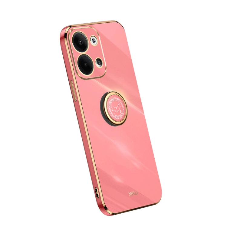 Straight edge electroplate TPU phone case with ring support, coral red finish