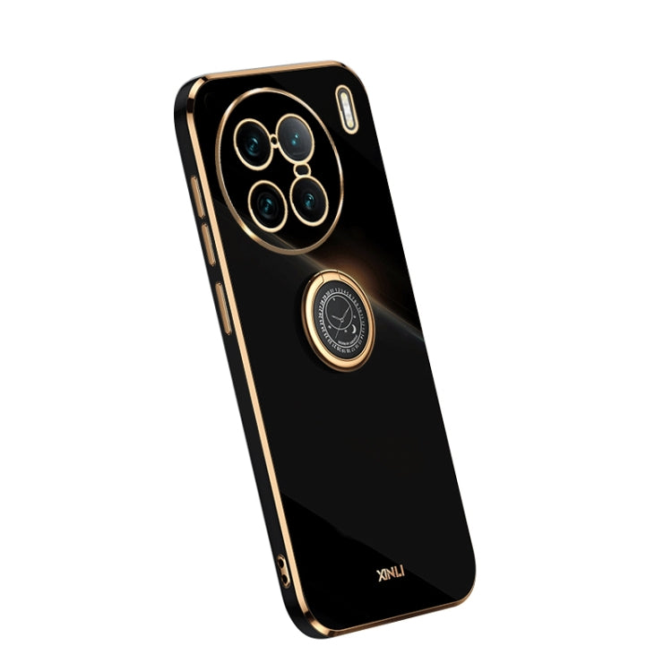Black TPU phone case with ring holder and camera cutouts, electroplate trim
