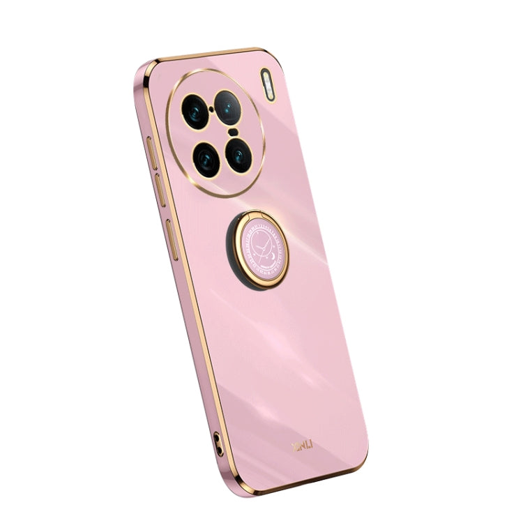 Pink TPU phone case with ring holder and camera cutouts, electroplate trim