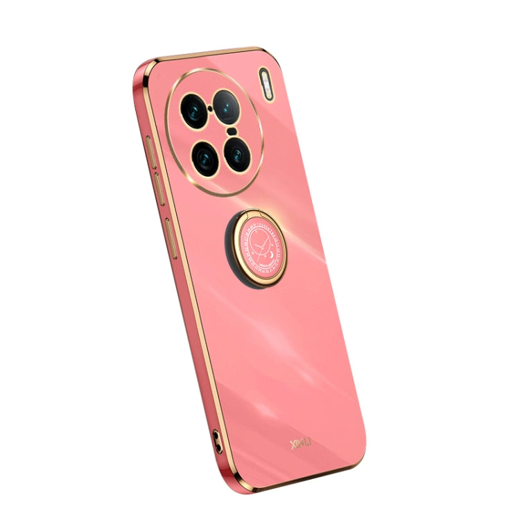 Pink TPU phone case with ring holder and camera cutouts, electroplate trim