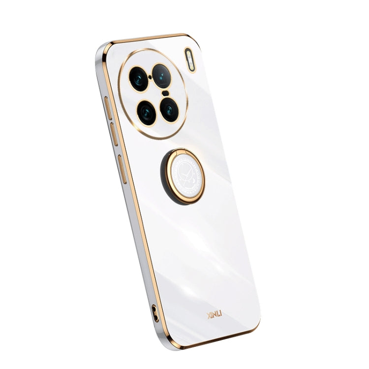 White TPU phone case with ring holder and camera cutouts, electroplate trim
